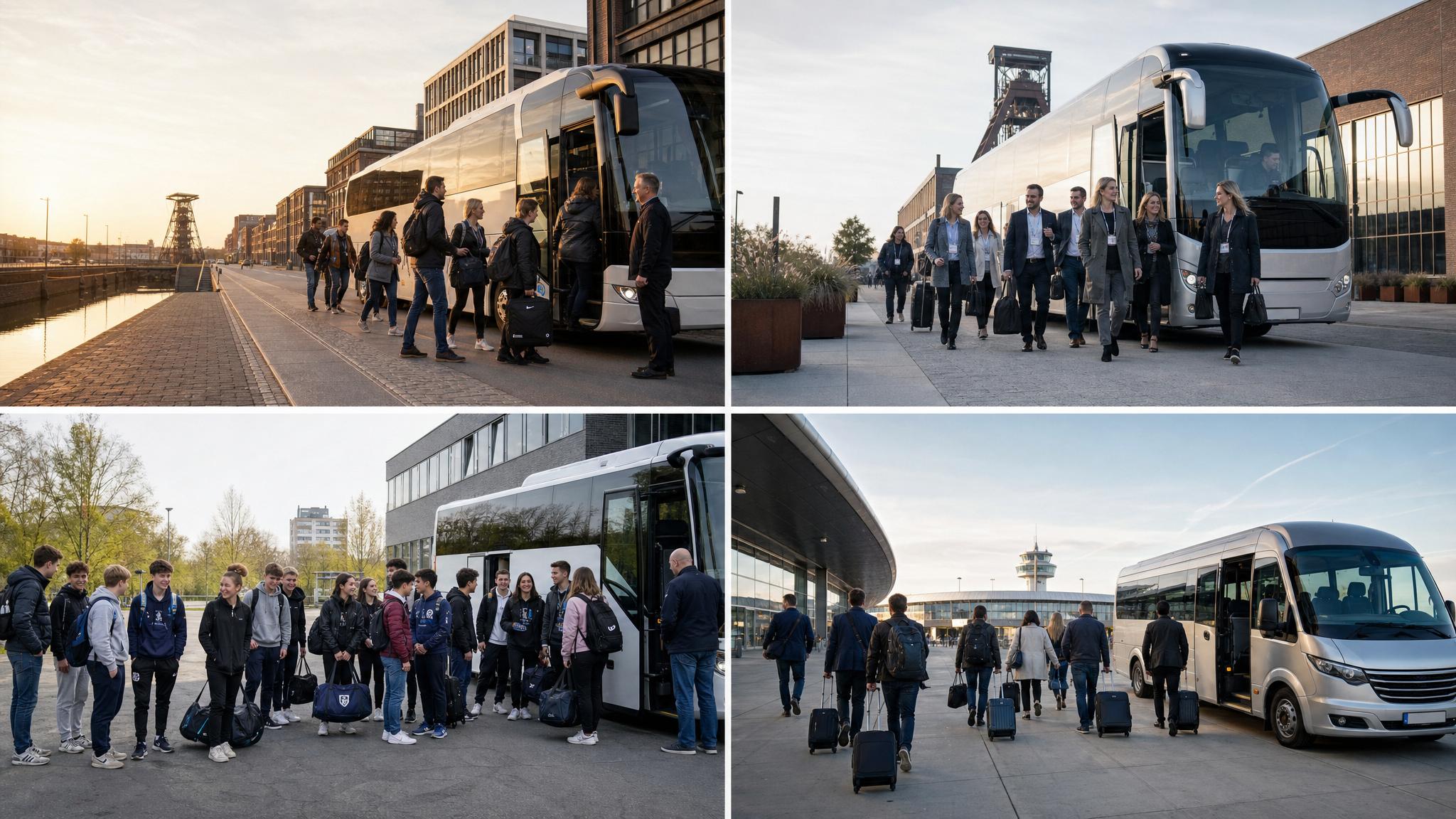 Bus und Reisende bei einem Flughafentransfer