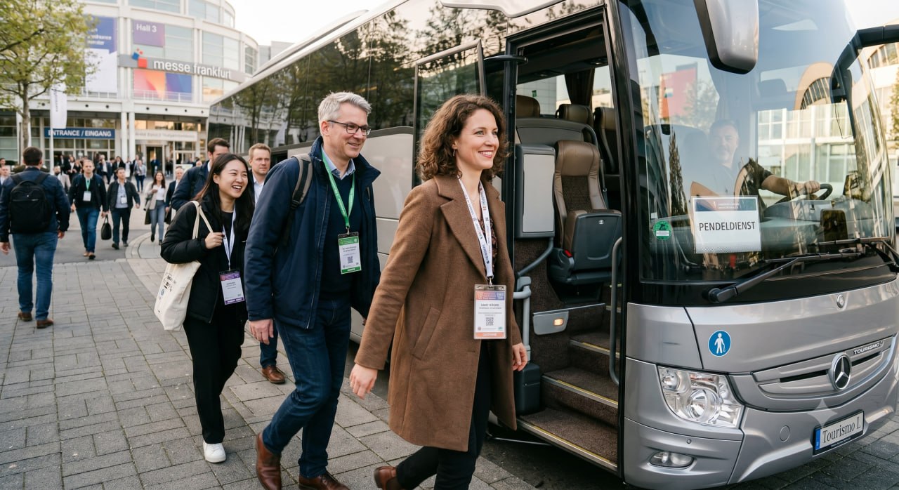 Messegäste steigen in einen Shuttlebus ein